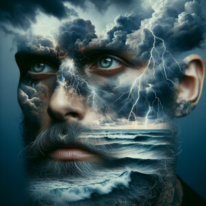 hyper-realism,  double exposure, face, storm, lightning, ocean,...