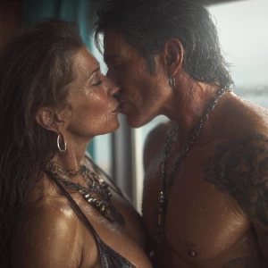 Hyperrealism ,a latin muscular beefy tattoed sweaty man kissin...