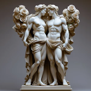 Design a neoclassical sculpture of two intertwined, idealized  f...
