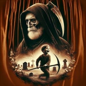 a double exposure art of a grim reaper portrait. Inside the port...