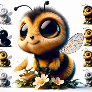 Create a beautiful, cute, fuzzy bee, with fuzzy black, dark gold...