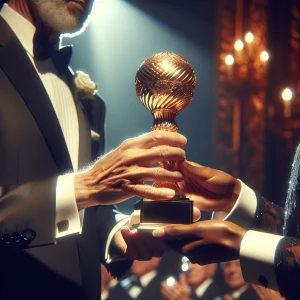 Depict the ceremonious moment of a distinguished award being pas...