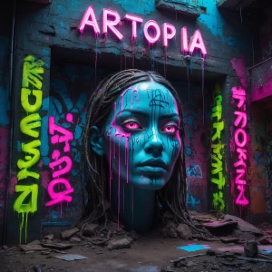 urban ruins. Neon Zefesque Graffiti in vivid fresh dripping, neo...