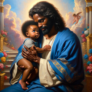Classical oil painting style depicting an African-American Jesus...
