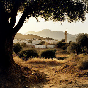 village under golden sunlight, featuring a mosque minaret in the...