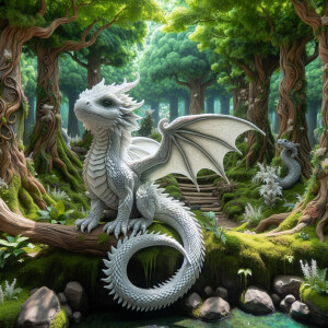white color Cute little Dragon in a magical forest, with a wings...