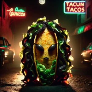 In a dimly lit street, under a flickering neon sign, stands a ta...