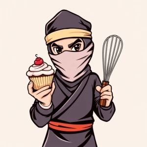 Generate an image of  a baking ninja holding a cupcake in 1 hand...