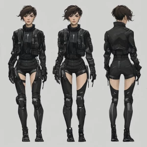 A digital art character design sheet showcasing a futuristic fem...