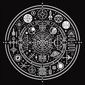 A circular background white on black lineork graphic with a Star...