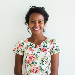 A cute woman

Smiling 

Clothes: Floral Dress

Looks Clean & Mod...