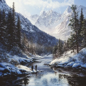 Create an image of a serene flowing river nestled within the maj...