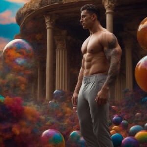 create a muscular man bringing the world on his shoulder