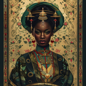 Illustrate a regal Empress reflecting a blend of African and Asi...