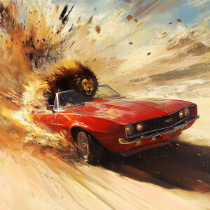 A lion speeding through the desert in a red Camaro convertible,...