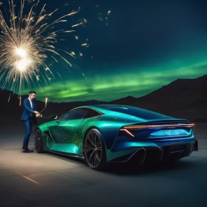A blue car is flying in the air with green colored sparklers and...