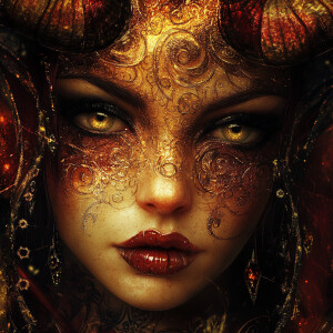 A captivating alien sorceress with iridescent horns, skin adorne...