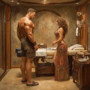 realism digital painting, a muscular Russian man in his beach ho...