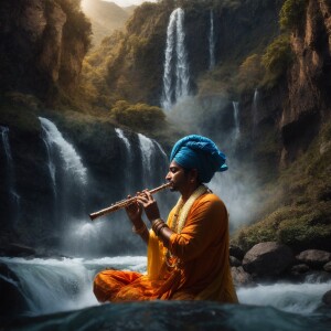 shree krishna playing flute in hills with waterfalls and annimal...
