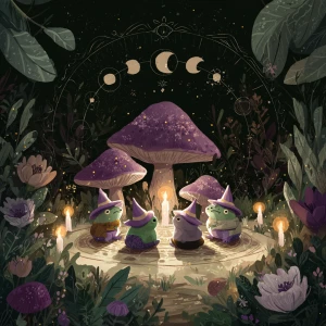 a dreamy cottagecore illustration of a forest clearing at night...