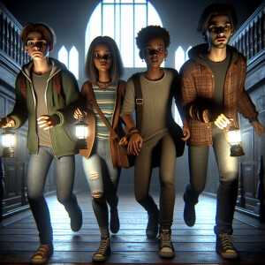 Four teenagers entered a dark gloomy house, their flashlights ar...