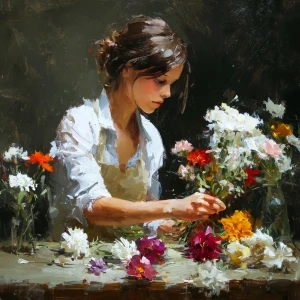 Композиция цветочный мастер-класс. Девушка собирает букет из раз...