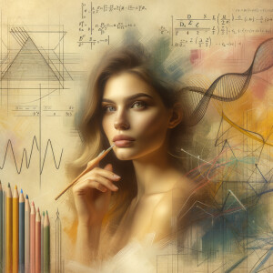 Abstract, minimalist, painting, with pencil line, paint stroke, gestures, colorful marks, mathematical equations, electrical cardiogram, printouts complex math formulas, dna asian teen girl