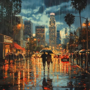 A depiction of Los Angeles in the evening following a rainy day,...