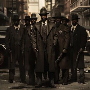 **Visual Prompt for a Group of 1930's G-Men Led by Delroy Lindo:...