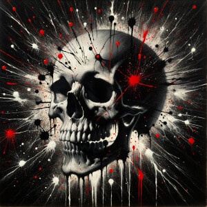 A gothic skull with black and red splatter in the background