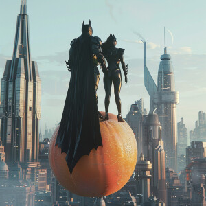 Create a hyper-realistic scene featuring a peach floating in fro...