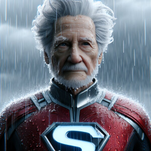 Generate an image of a person einstein  in a Superman costume st...