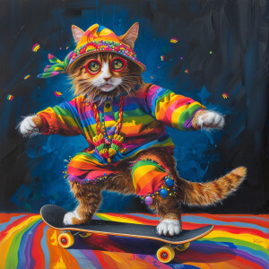 A cat skateboarding in a vibrant hippie costume adorned with rai...