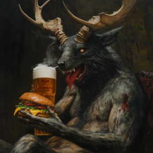 Wendigo eating a big fat cheeseburger and drinking a cold coors...