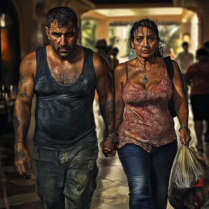 Photorealism,.A sweaty beefy man walking with his 54 year old ka...