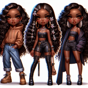 Create a sticker sheet with three distinct, full-body chibi char...