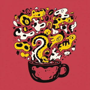 vector-style illustration of a hand-drawn coffee cup overflowing...