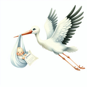 A single picture of adorable cute whimsical a stork flying with...
