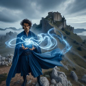 A wizard in a deep blue robe standing atop a windswept cliff, summoning a swirling storm of magical energy that crackles in the sky above. The landscape is rugged and dramatic, with a distant castle visible through the haze