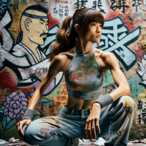 Very thin Athletic Thin skinny Attractive, Asian teenage girl, long brown hair and bangs, wearing tight skinny jeans and a halter top paint marks on her clothing, sitting side view heroic pose Asian graffiti