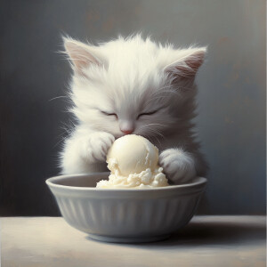 White kitten with fluffy fur enjoying a scoop of vanilla ice cre...