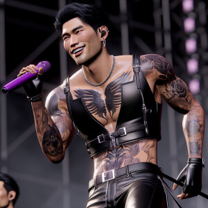 a man on stage holding a purple microphone in a black leather ti...