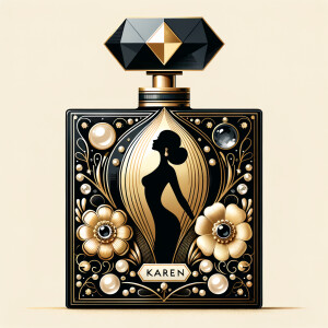 Design a fancy, black and gold bottle of perfume in the shape of a woman’s body. With a golden diamond top, flowers pearls and Diamonds in the name, Karen