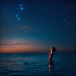 A woman performing a backstroke in the tranquil ocean waters at...
