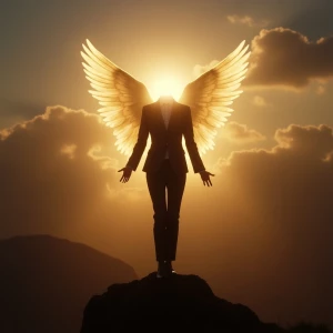 Create an image of a female guardian angel, faceless in a busine...