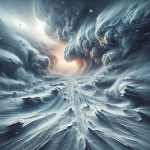 A severe winter storm characterized by strong winds and heavy sn...