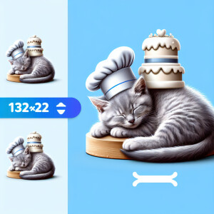 A gray kitten with a chef hat on its head wearing a blue collar...