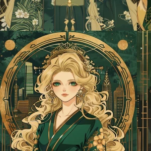 Alphonse Mucha–inspired Art Deco manga fusion portrait of a rega...