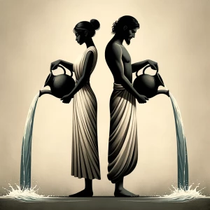 Create me an image of an Aquarius man and woman couple standing...
