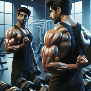 Create a 3D Ultrahigh hyper realistic picture of a guy flexing h...